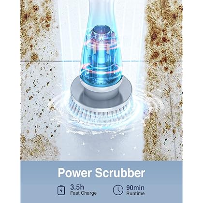 LABIGO Electric Spin Scrubber LA1 Pro, Cordless Spin Scrubber with 4 Replaceable Brush Heads and Adjustable Extension Handle, Power Cleaning Brush for Bathroom Floor Tile (White)