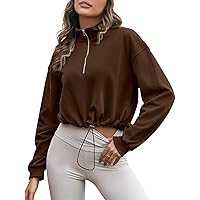 Flygo Womens Half Zip Sweatshirts Stand Collar Activewear Running Workout Pullover Tops(Brown-L)