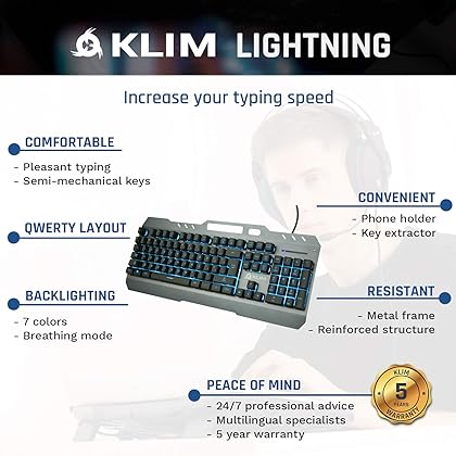 KLIM Lightning Gaming Keyboard - New 2023-7 LED Colors - Ergonomic Mechanical Feel Keyboard with Metal Frame - Compatible with PC Mac PS4 PS5 Xbox One - Wired Hybrid Keyboard