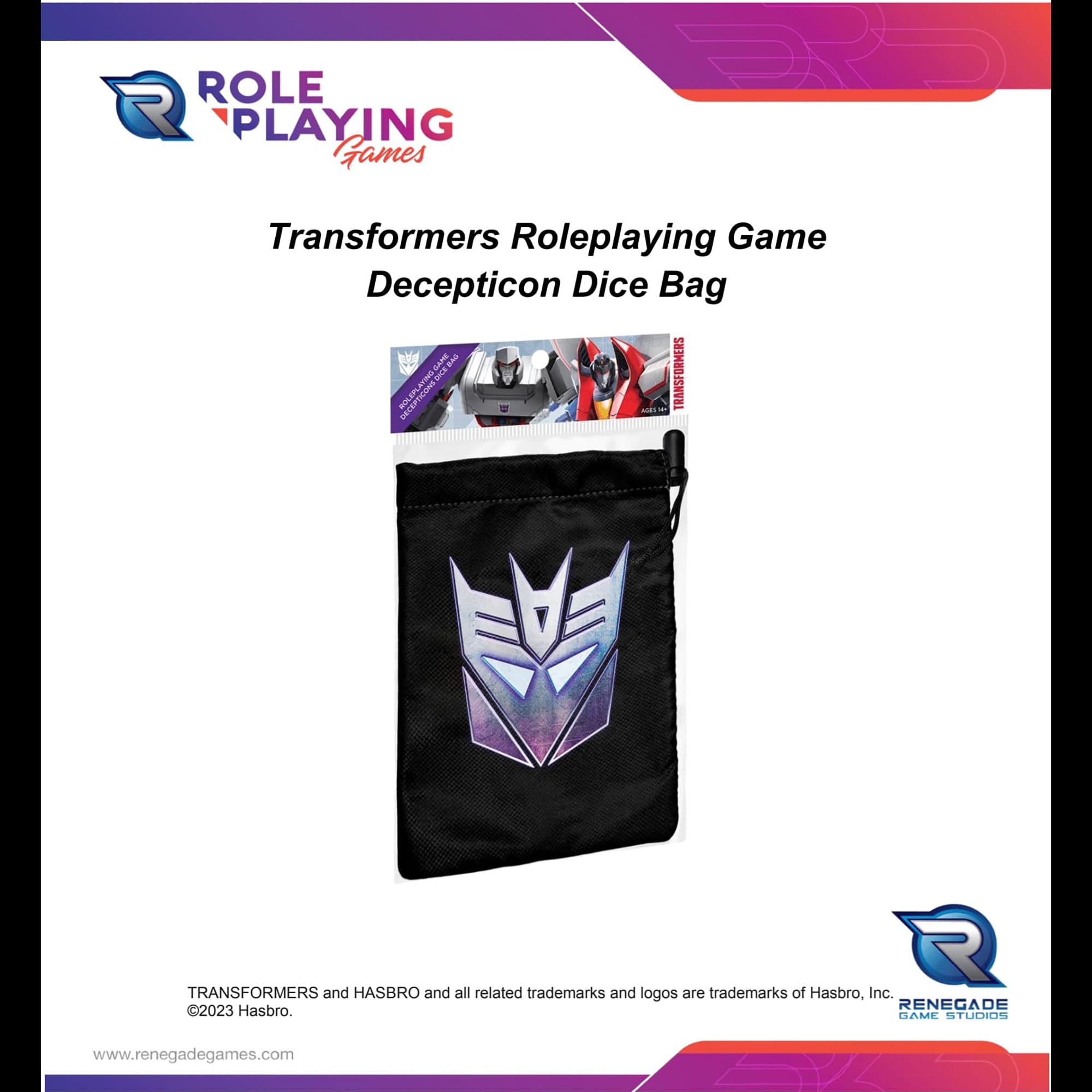 Renegade Game Studios: Transformers RPG Decepticon Dice Bag - Roleplaying Game Accessory, Locking Drawstring,, Double-Lined Fabric