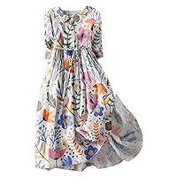 Women's Cotton Linen Dress Floral Print Short Sleeve Buttoned Spread Collar Midi Dress 2024 Spring Summer Trendy Dress