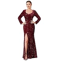 Ever-Pretty Women's V-Neck Long Sleeves Sequin Side Slit Memaid Floor Length Evening Dresses 01392