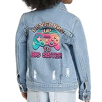 Leveling Up to Big Sister Toddler Denim Jacket - Graphic Jean Jacket - Colorful Denim Jacket for Kids
