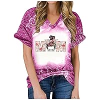 T Shirt Womens Tie Dye Tops Mom Letter Graphic Tees V Neck Short Sleeve Casual Loose Fit Blouses