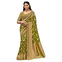 Green Cocktail Party Wear Indian Women Weaving Organza Jacquard Saree Blouse Bollywood Border work Wedding Sari 1316