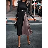Fall Dresses for Women 2023 Two Tone Pleated Hem Dress Without Belt Dresses for Women (Color : Dusty Pink, Size : Small)