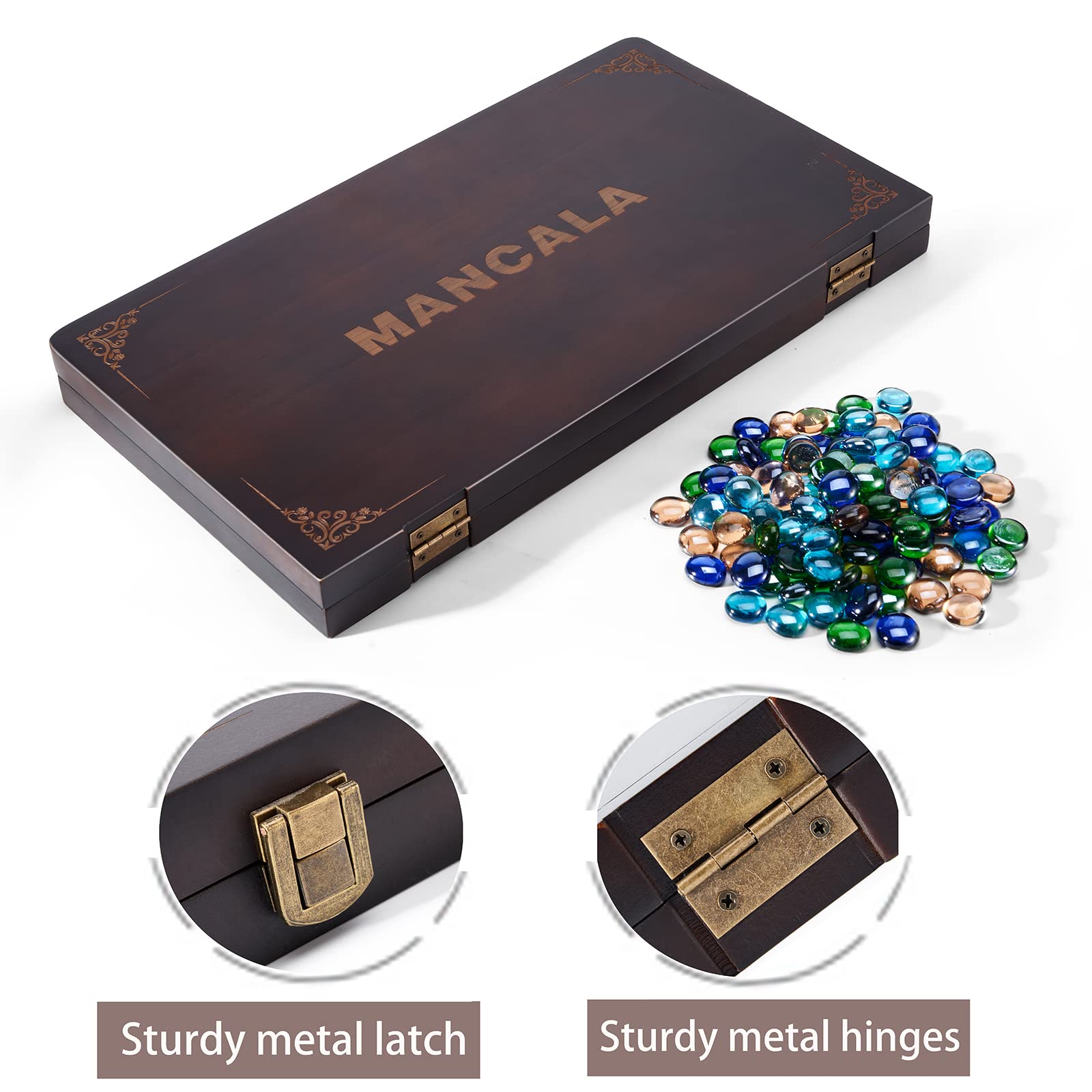 VAMSLOVE Mancala 4 Player Board Game Set, Luxury Solid Wood Folding Mancala Board, 96+12 Bonus Multi Color Glass Stone Beads Game Instructions Included