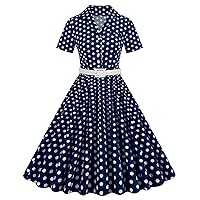 Women's 1950s Vintage Dress Polka Dot Short Sleeve Swing Cocktail Dresses Belted Button Collar V Neck Tea Party Dress