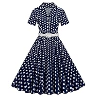 Women 50s Polka Dots Retro Short Sleeve Lapel Audrey Dress Summer Dressy Button V Neck Fashion Swing A-Line Dresses