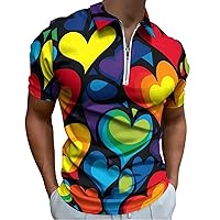 Heart LGBT Rainbow Mens Polo Shirts Quick Dry Short Sleeve Zippered Workout T Shirt Tee Top