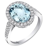 PEORA Solid 14K White Gold 4.27 Carats IGI Certified Genuine Blue Aquamarine with Diamond Halo Solitaire Ring for Women, Oval Shape, AAA Grade