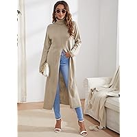 Women's Sweater High Neck Split Thigh Longline Sweater Sweater for Women (Color : Khaki, Size : Small)