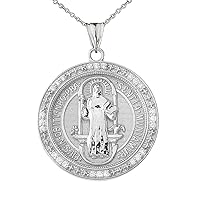 TWO SIDED SAINT BENEDICT MEDALLION PENDANT NECKLACE IN WHITE GOLD - Gold Purity:: 10K, Pendant/Necklace Option: Pendant With 22