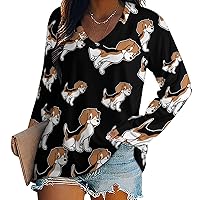 Funny Beagle Dog Women's Long Sleeve Shirts Athletic Workout T-Shirts V Neck Sweatshirts Casual Tops