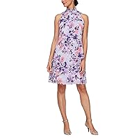 S.L. Fashions Women's Short Printed Sleeveless Dress with Smocked Neck and Asymmetric Overlay