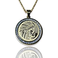 Men Women 925 Italy 14k Gold Finish Iced Round INFANTRY NATIVE AMERICAN INDIAN CHIEF HEAD Ice Out Pendant Stainless Steel Real 2.5 mm Rope Chain Necklace, Men's Jewelry, Iced Pesos Coin Pendant, Chain Pendant Rope Necklace