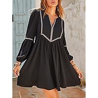 Dresses for Women Contrast Embroidered Trim Notched Neckline Puff Sleeves Dress (Color : Black, Size : Medium)