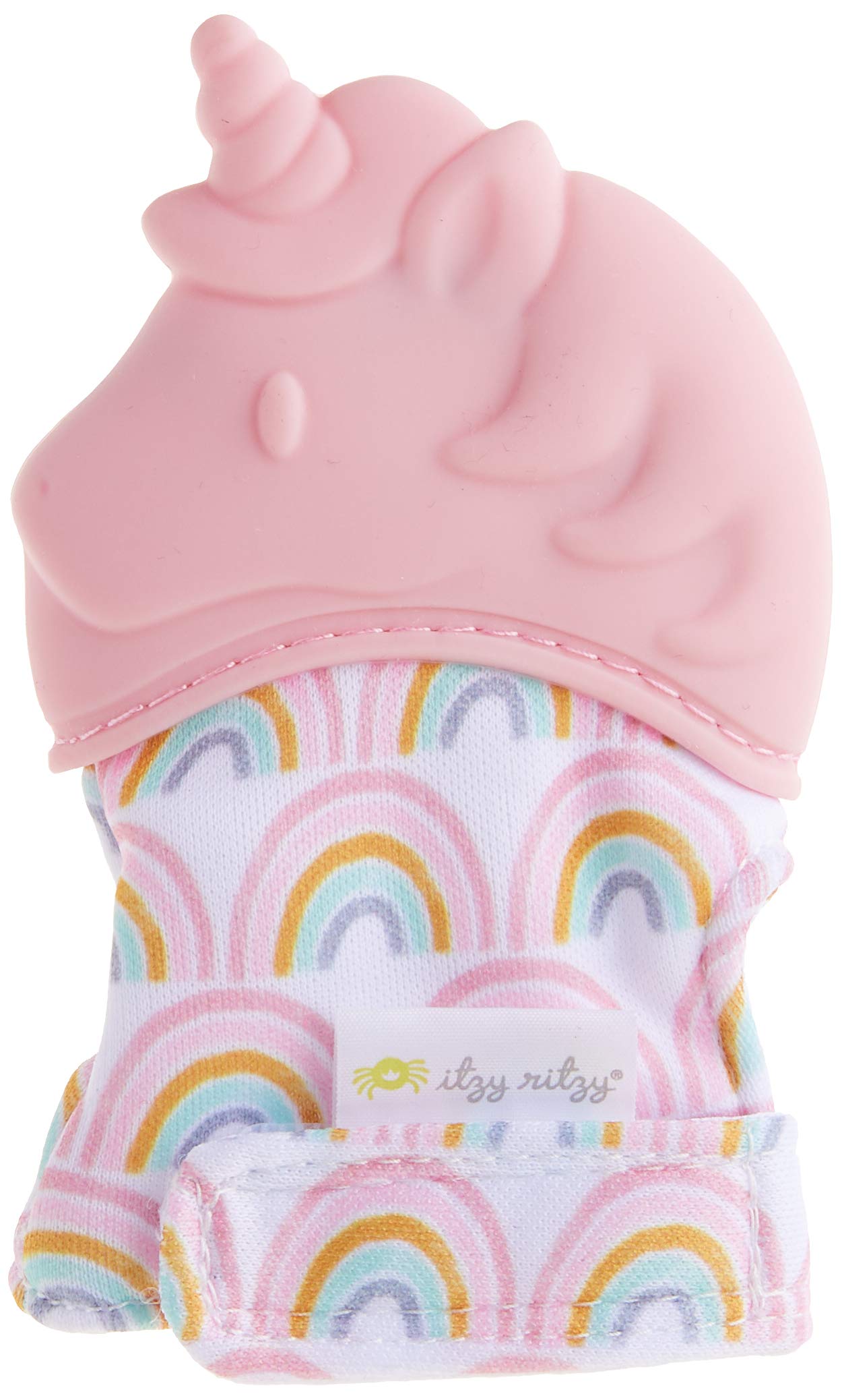 Itzy Ritzy Silicone Teething Mitt - Soothing Infant Teething Mitten with Adjustable Strap, Crinkle Sound & Textured Silicone to Soothe Sore & Swollen Gums, Blush Unicorn