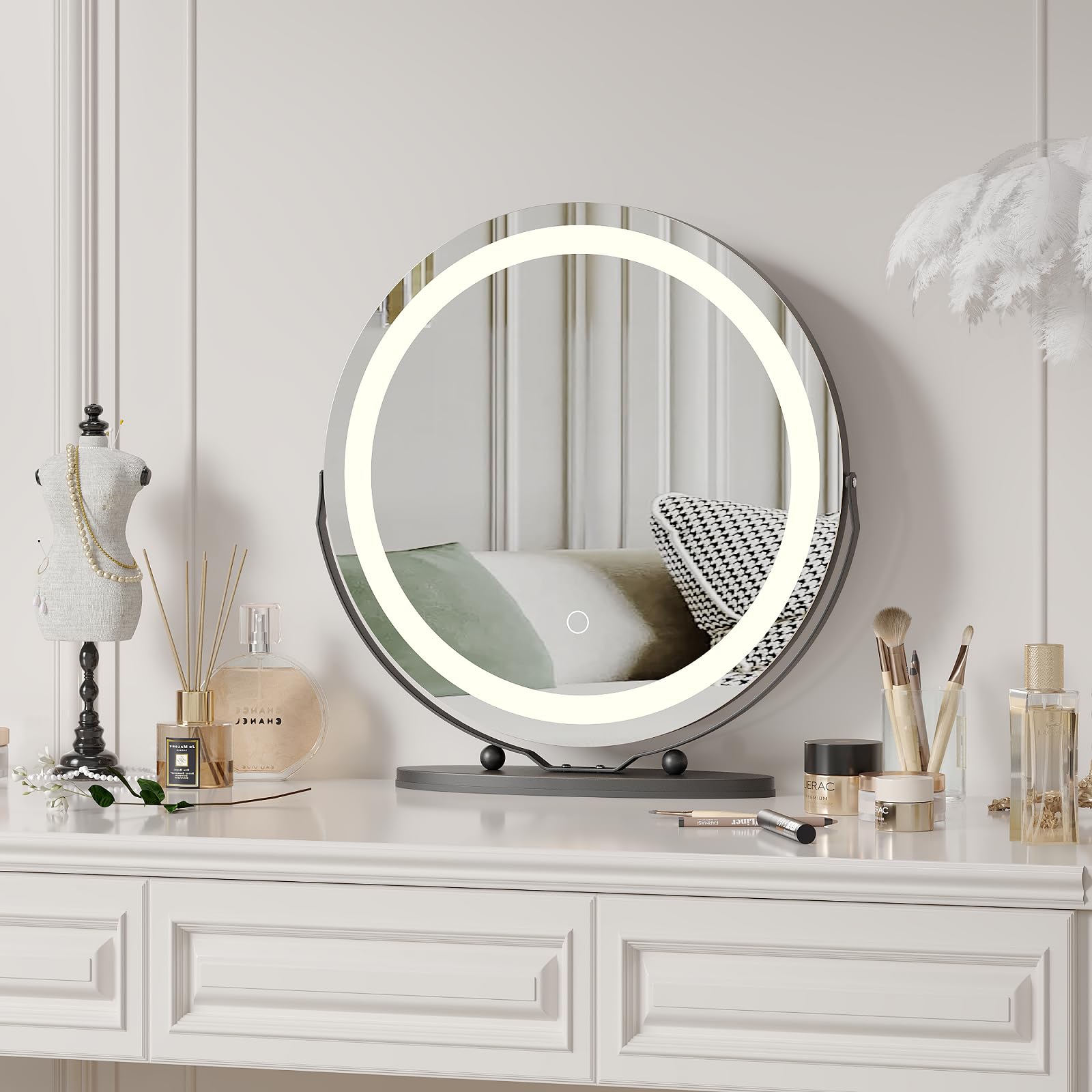 IDEALHOUSE Large 19-inch Vanity Makeup Mirror with Lights, Touch Control 3 Color Lighting Dimmable Makeup Mirror, Impeccable Illumination for Professional Makeup, 360° Rotatable Design