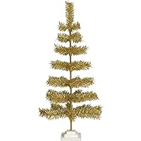 Antique Gold Christmas Trees Artificial Flame Resistant Branches Vintage Tinsel Feather Tree Base Stand Included (36in)