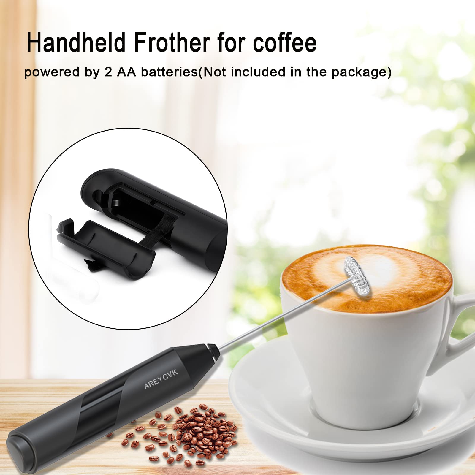 AREYCVK Handheld milk frother Small mixer for drinks Whisk Frother of Battery Operated,Stainless Steel Frother forlatte,cappuccino,hot ,chocolate, Matcha(BLCAK)