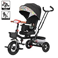 Kids Tricycle-3 in 1 Kids Trike Bike Stroller- with Removable Push Handle Rotatable Seat-Folding Canopy-storage basket-Safety Harness-Wheels Brakes-1-6 Years Old Boy Girl Outdoor Toy Gifts,Black smile