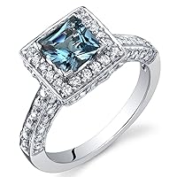 PEORA London Blue Topaz Princess Cut Ring in Sterling Silver, Natural Gemstone, Vintage Halo Solitaire Design, 1.00 Carat total, Comfort Fit, Sizes 5 to 9
