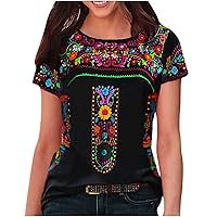 Mexican Embroidered Shirt for Women Summer Short Sleeve Ethnic Style Tops Boho Floral Print Dressy Blouse Loose Tunic