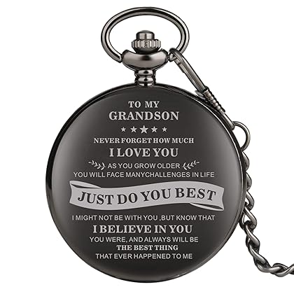 WuHu Ren Store Engraved Pocket Watch, Grandson Gifts, Personalized Watch Pocket, to My Husband Pattern Kids Boy Watches for Christmas