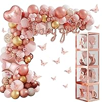 Amandir 134pcs Rose Gold Balloons Baby Shower Decorations for Girl Baby Boxes, Butterfly Stickers Balloon Garland Arch Kit Baby Box with Letter (A-Z+Baby) for Women Birthday Bridal Party Decoration