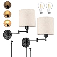ENCOMLI Dimmable Plug in Wall Sconces, Swing Arm Wall Lamp with Plug in Cord, Wall Sconces Set of Two, Plug in Wall Light, Linen Fabric Shade, 2pcs Bulbs Included