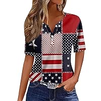 Henley Tops for Women Patriotic Shirts American Flag Print Tees July 4Th Outfit Short Sleeve Trendy Tshirts Tunics