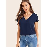 Womens Summer Tops Solid Short Sleeve Peekaboo Top (Color : Navy Blue, Size : X-Small)