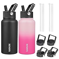 BJPKPK 2 Pack Insulated Water Bottles with Straw Lids, 27oz Stainless Steel Metal Water Bottle with 6 Lids, Leak Proof BPA Free Thermos, Cups, Flasks for Travel, Sports (Sakura+Black)