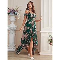 Women's Casual Dresses Cold Shoulder High Low Hem Allover Floral Dress Charming Mystery Special Beautiful (Color : Multicolor, Size : Large)