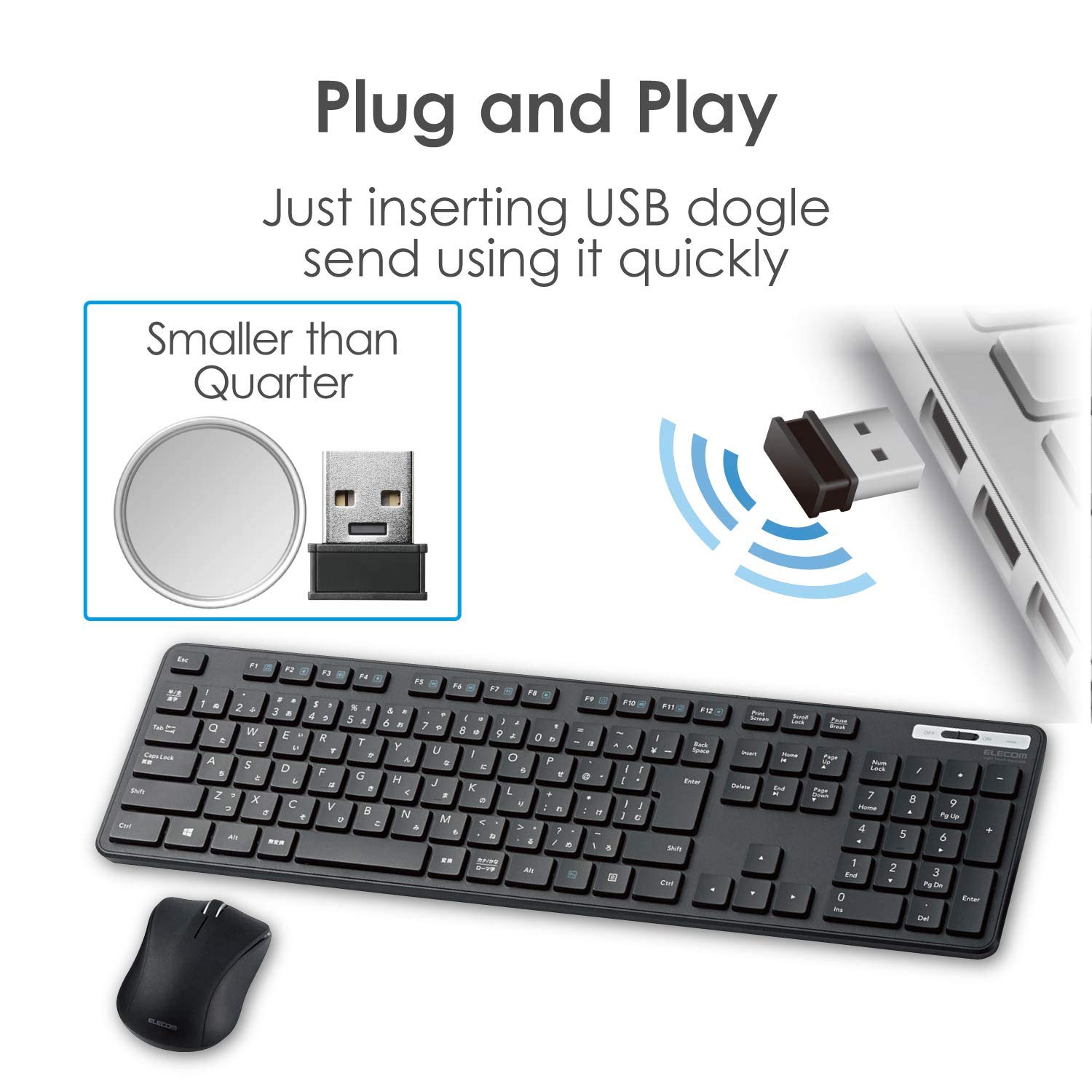 ELECOM Wireless Slim & Thin Keyboard/Standard Japanese Layout in Conformity with JIS Standard, with Numeric Keypad and Wireless Mouse/Black/TK-FDM110MBK