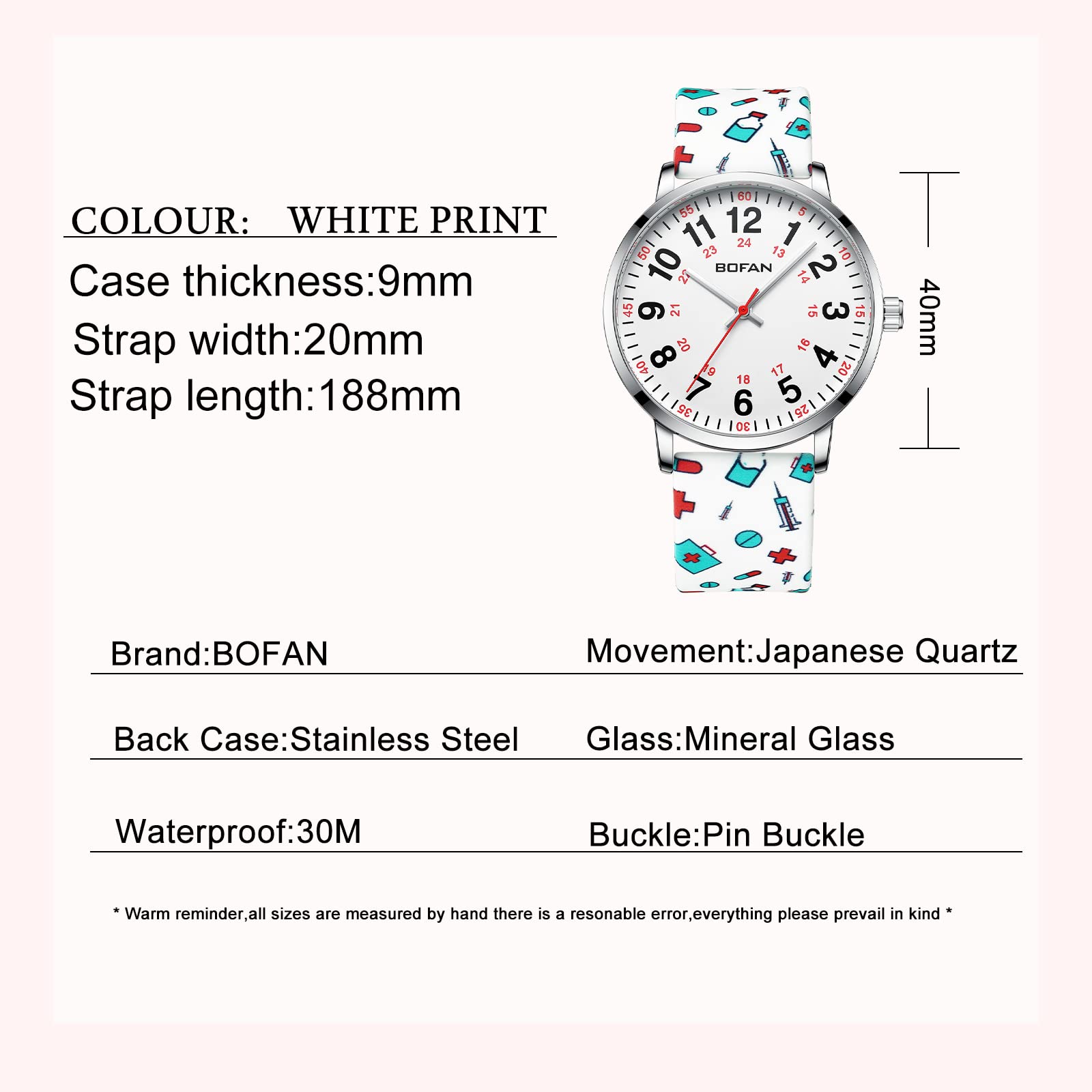 BOFAN Nurse Watch for Nurse,Medical Professionals,Students,Doctors with Various Medical Scrub Colors,Easy to Read Dial,Second Hand and 24 Hour,Soft Comfort Print Silicone Band,Water Resistant.