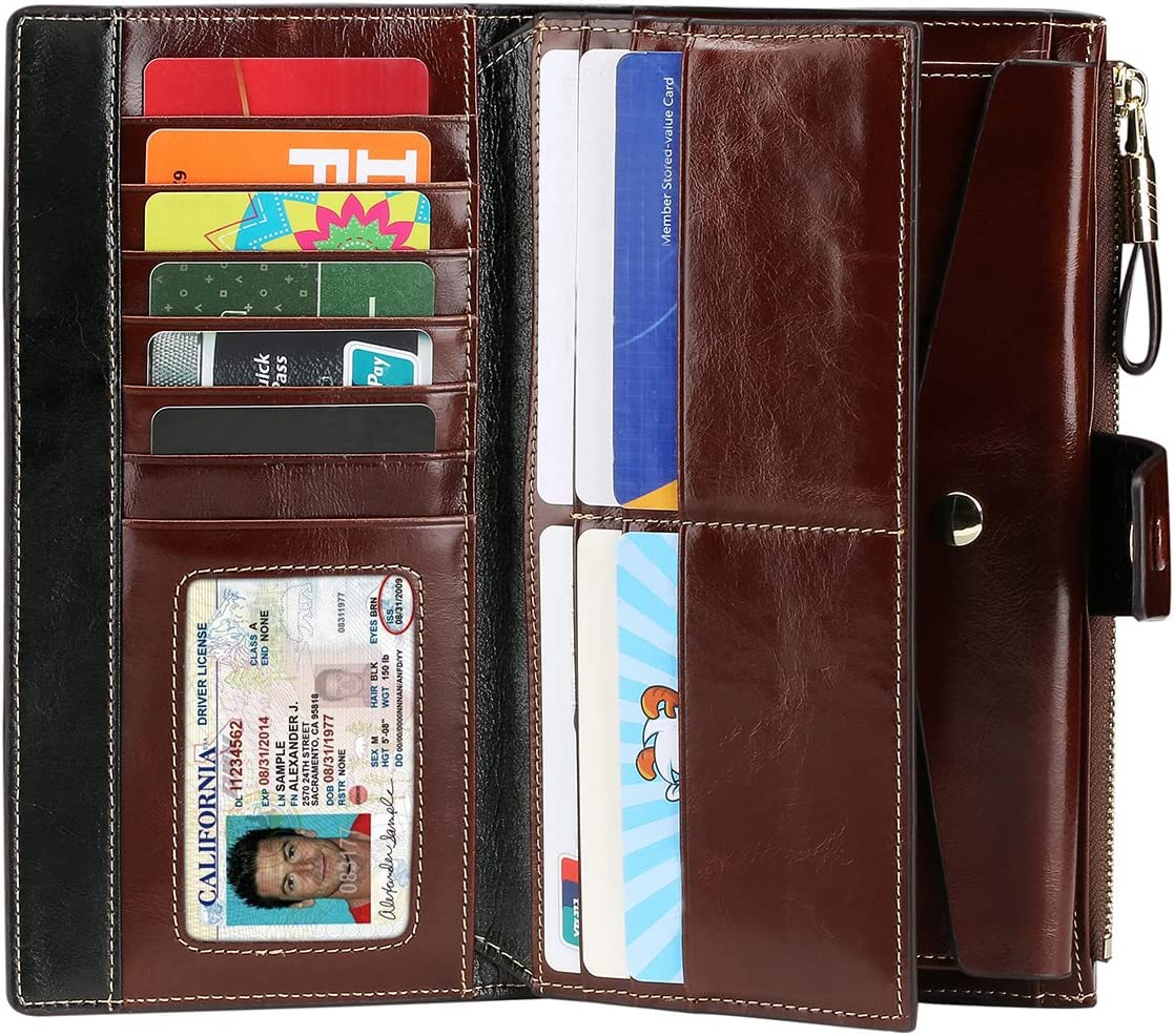 Itslife Womens Wallet RFID Blocking Large Capacity Luxury Wax Genuine Leather Wallets Clutch Wallet Ladies Card holder, Coffee