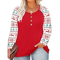RITERA Plus Size Tops for Women Fall Long Sleeve Henley Shirts Casual Blouse Buttons Red Chirstmas XL