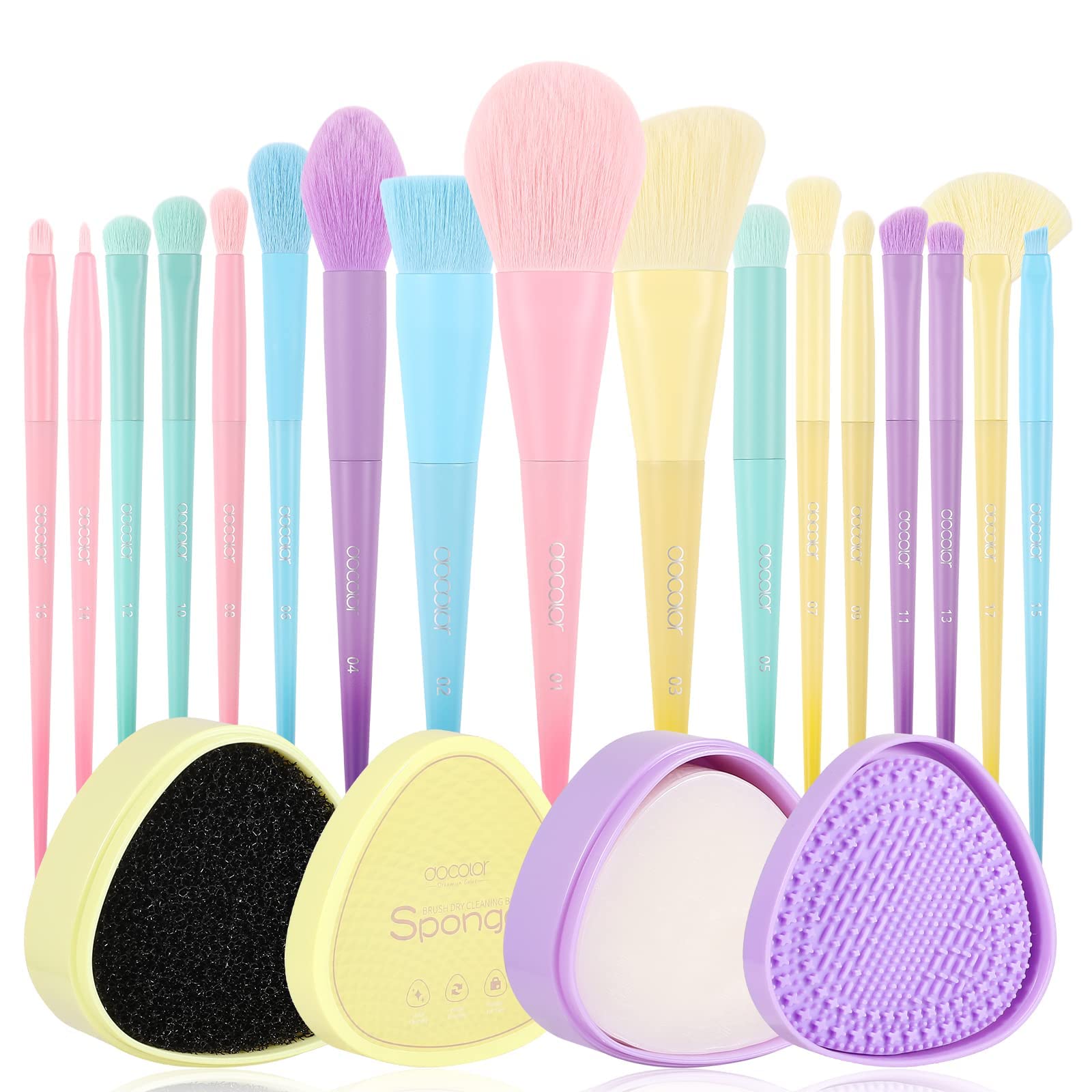 Docolor 17Pcs Colourful Makeup Brush Set + Makeup Brushes Cleaner Set,Premium Synthetic Kabuki Foundation Blending Rainbow Make Up Brush Set with Solid Soap Cleanser & Color Removal Sponge