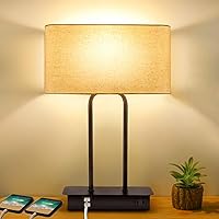 3-Way Dimmable Touch Control Table Lamp with 2 USB Ports and AC Power Outlet Modern Bedside Nightstand Lamp Fabric Shade and Metal Base for Guestroom Bedroom Living Room LED Bulb Included Warm White