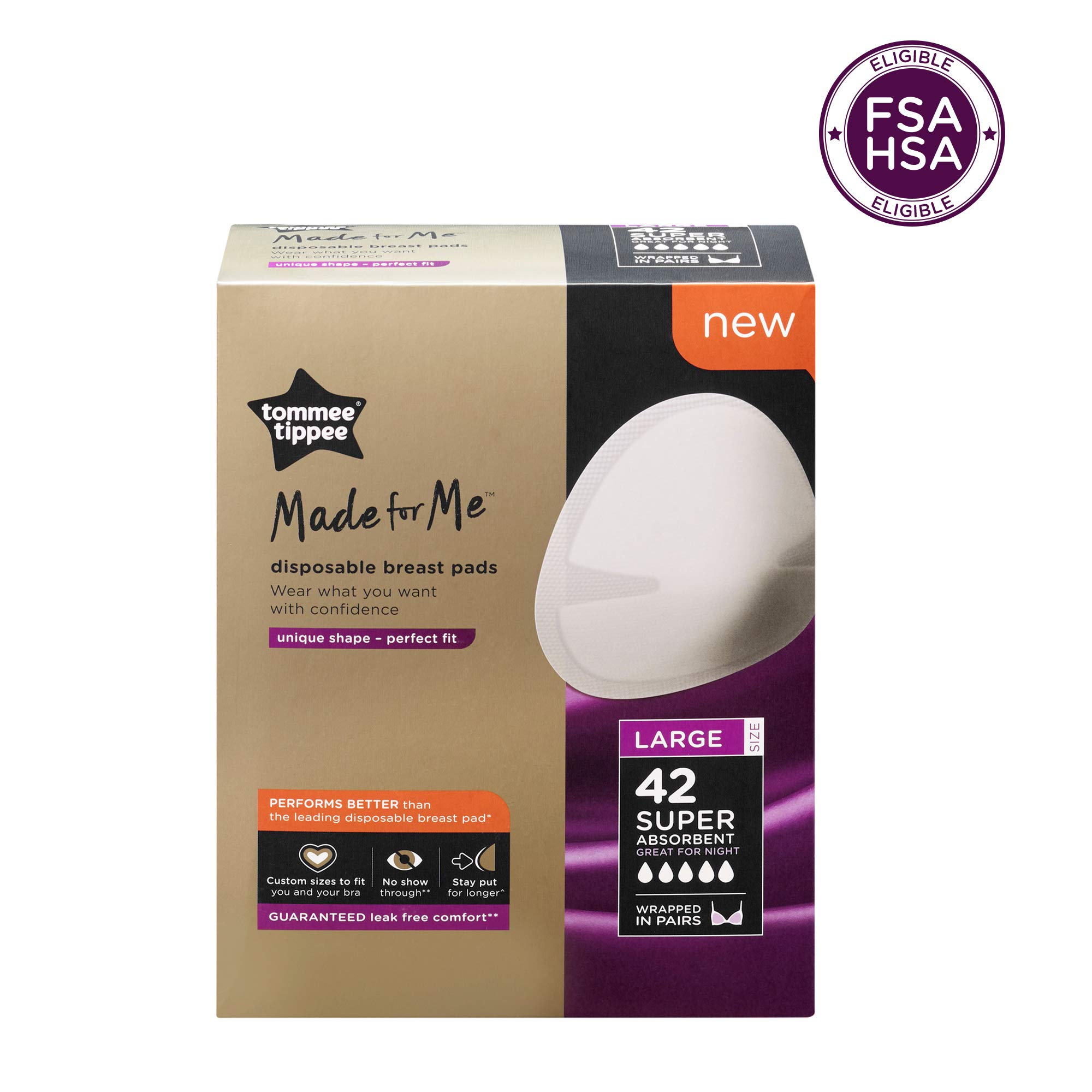 Tommee Tippee Made for Me Super Absorbent Disposable Breast Pads, Soft, Leak-Free, Contoured Shape, Adhesive Patch, Large, Pack of 42