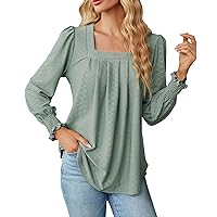 Sexy Tops for Women Cleavage Long Sleeve Women's Tunic Tops Long Puff Sleeve Crew Neck Shirts Pleated Solid Te