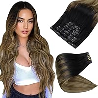 Full Shine Clip in Hair Extensions Black Hair Extensions 16 Inch Ombre Hair Extensions Clip Ins，Natural Black To Medium Brown And Honey Blonde Invisile Hair Extensions With Pu Skin Weft 8pcs 120g