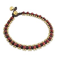 NOVICA Handmade .925 Sterling Silver Quartz Anklet Red Crocheted with Brass Beads Bells Gold Tone Beaded Thailand Bohemian Bollywood Birthstone 'Tinkling Bells'