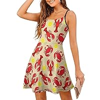 Red Lobster Women's Sling Dress Spaghetti Strap Mini Dress Sleeveless Short Dresses Casual Swing Sundress