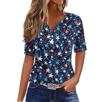 Independence Day Plus Size Summer Short Sleeve Tops for Womens V Neck Flag Day USA Printed Tshirts Tees