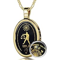 Libra Necklace Zodiac Pendant for Birthdays 23rd September to 23rd October September May Star Sign and Personality Characteristics Pure Gold Inscribed in Miniature Details on Onyx, 18
