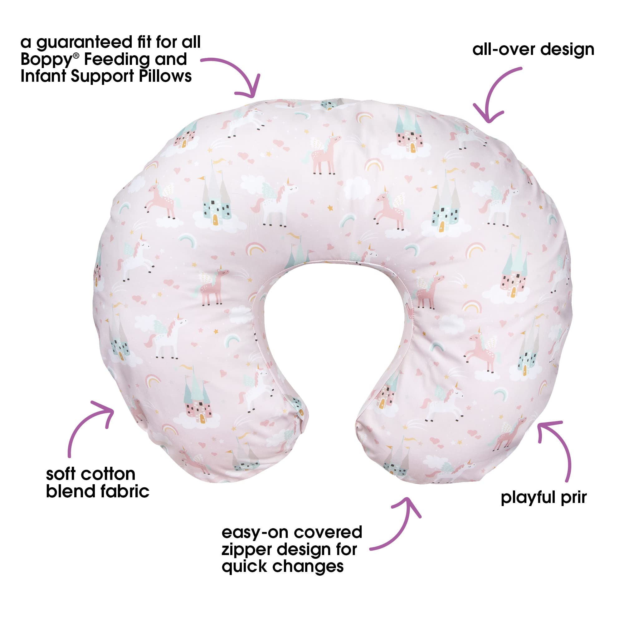 Boppy Nursing Pillow Cover—Original Pink Unicorns and Castles Cotton Blend Fabric Fits Bare Naked, Original and Luxe Breastfeeding Pillow Awake Time Only