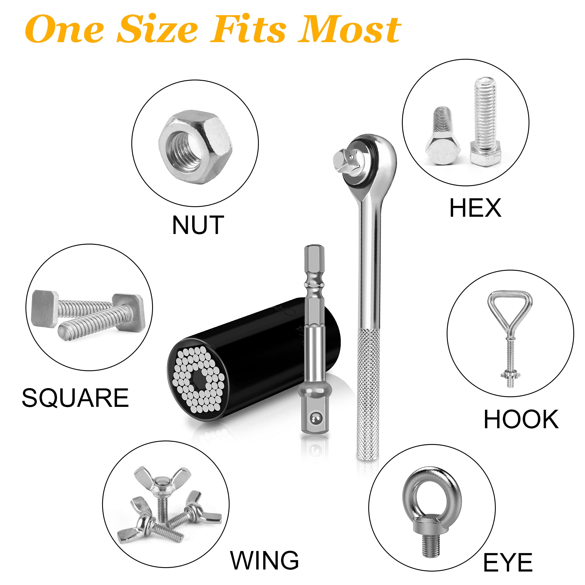Gifts for Men Him Boyfriend Husband, Universal Socket Wrench Grip Socket Tool Sets Fits Standard 1/4'' - 3/4'' Metric 7mm-19mm with Power Drill Adapter(black)